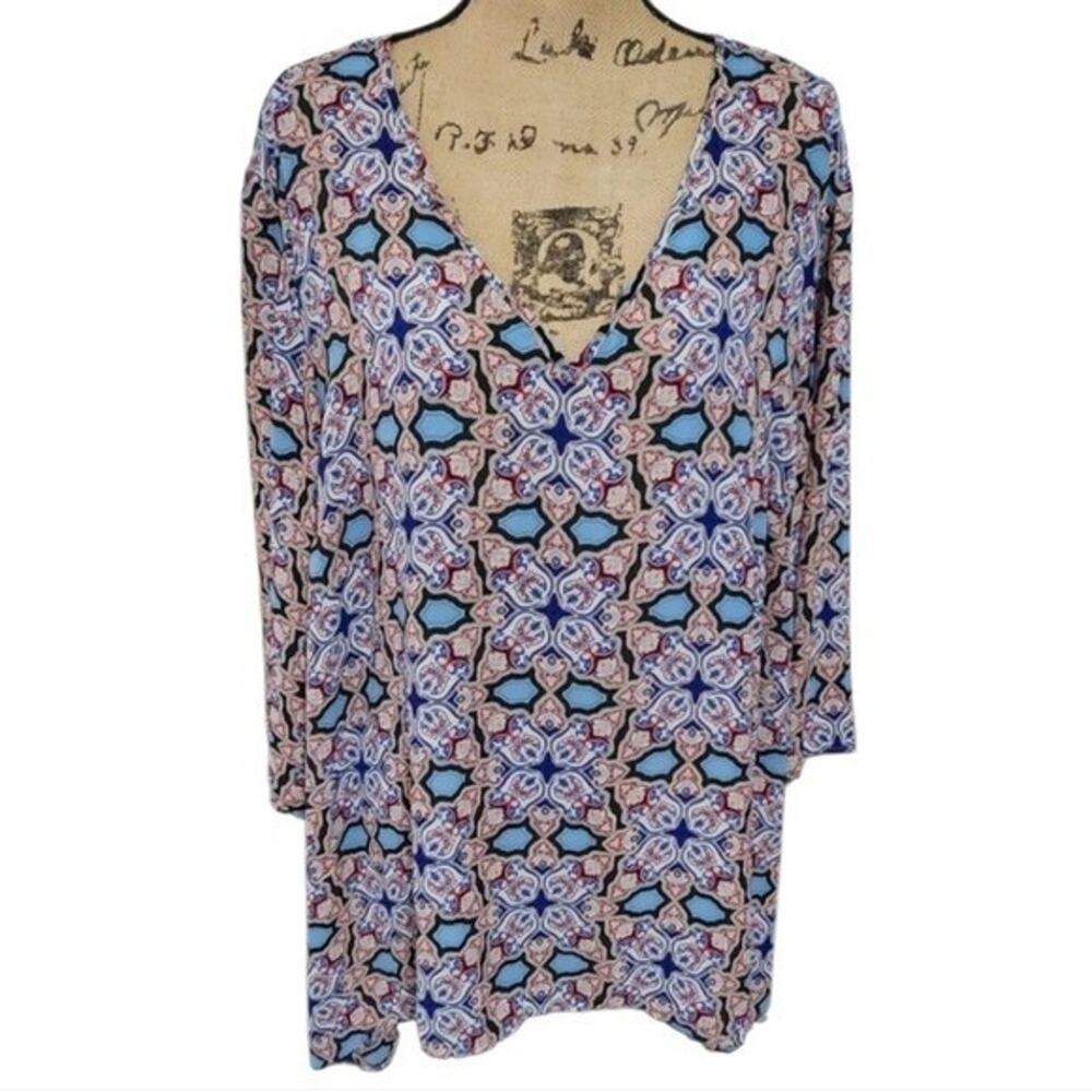 Rose + Olive Womens 3X Blue Geometric Medallion V-Neck 3/4 Sleeve Tunic Top